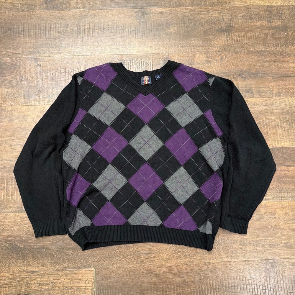Arrow USA Argyle V-Neck Sweater Mens Large Black Purple Gray 100% Cotton Golf